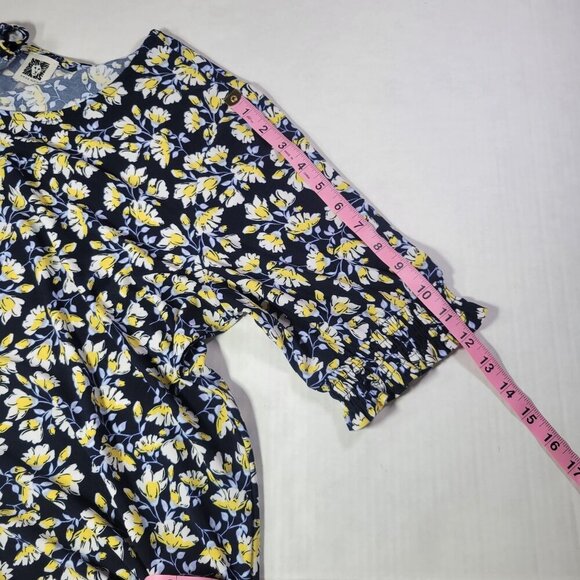 Anne Klein Women Dark Floral Navy/Yellow Short Sleeve Lightweight Top Size L - Picture 8 of 8